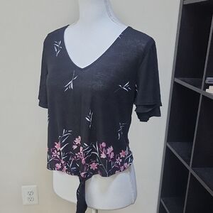 LILY WHITE Pink Floral on Black Round Neck Short Flutter Sleeve Tie Hem Top